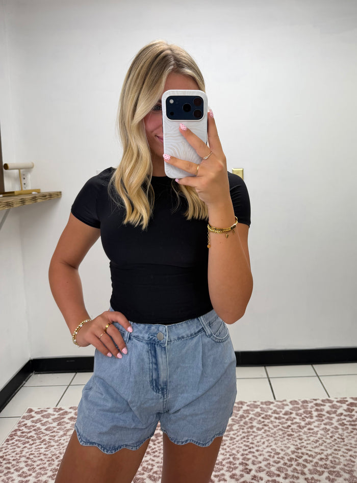 Denim Scalloped Shorts